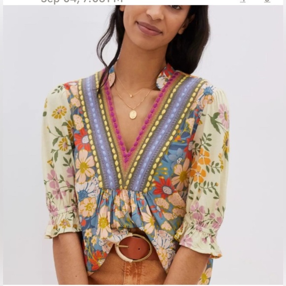 Bl-nk Stephanie Top Sold at Anthropologie Size L Blue Motif - Picture 1 of 12